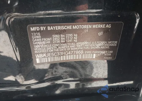 2017 BMW 540I из США, поврежденный, VIN WBAJE5C33HG477868